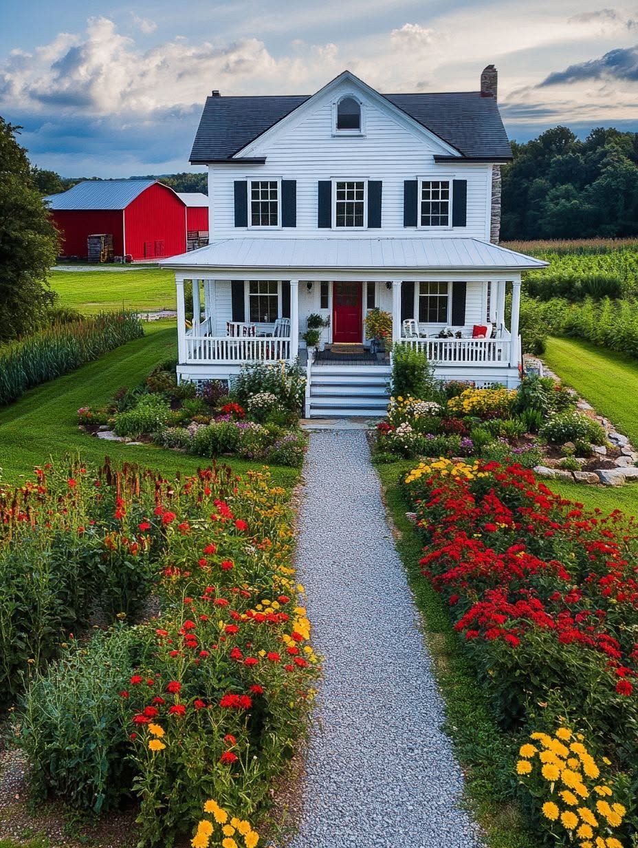 A white two-story farmhouse with a porch, red door, and a gravel path, surrounded by colorful flower gardens and green fields. A red barn is visible in the background under a cloudy sky.