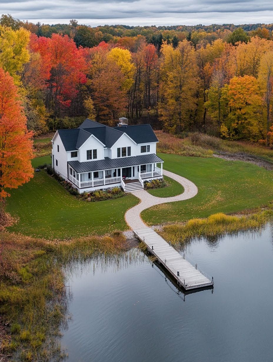 White house with a porch beside a small lake, surrounded by autumn trees with red, orange, and yellow leaves. Curved path leads from house to a dock on the water.