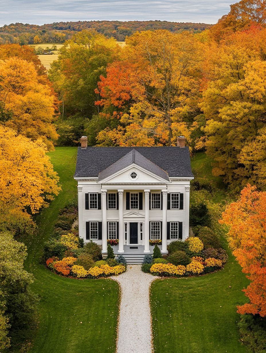 A white, two-story house with columns is surrounded by green lawn and colorful autumn trees with orange and yellow leaves.