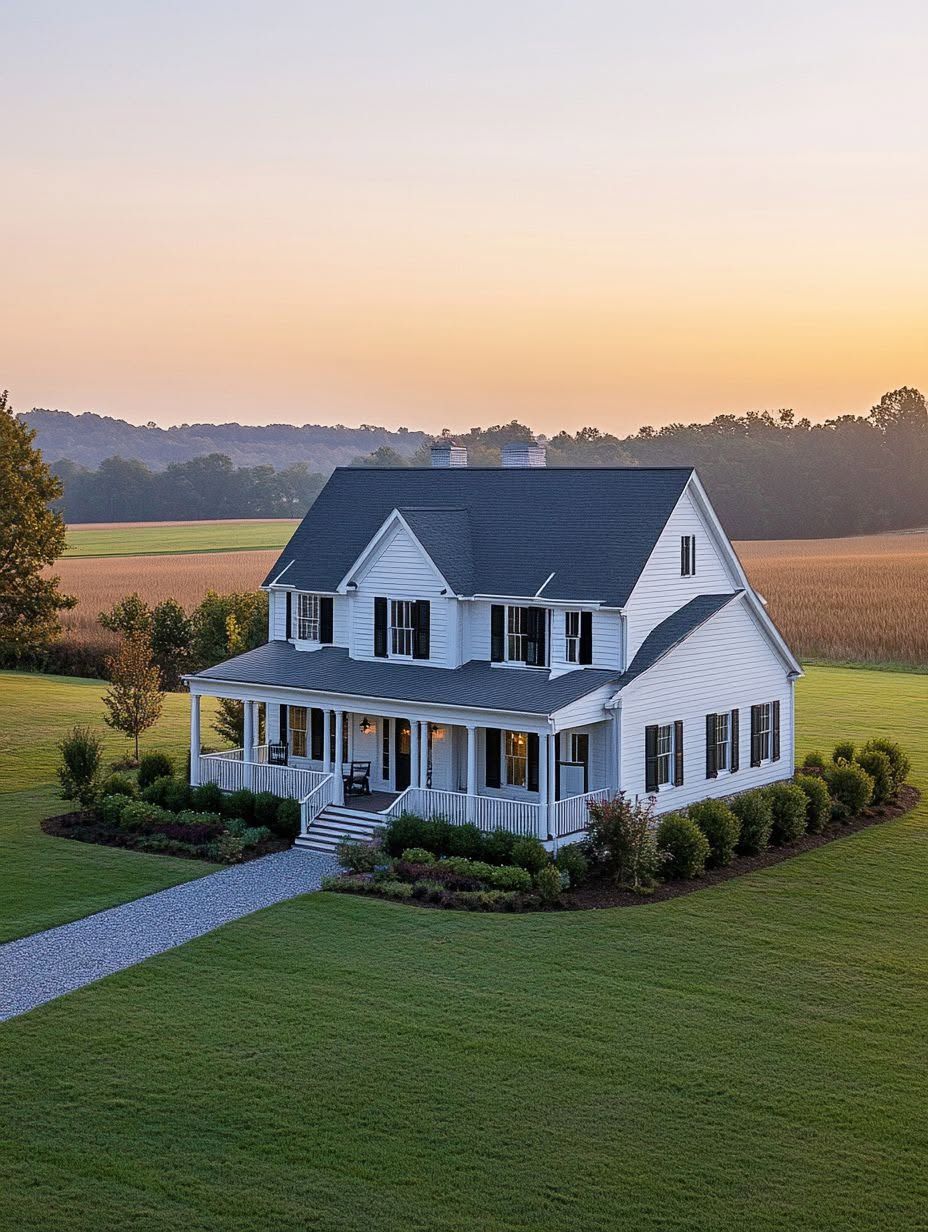 White two-story farmhouse with a covered porch, surrounded by green lawn and fields, at sunset.