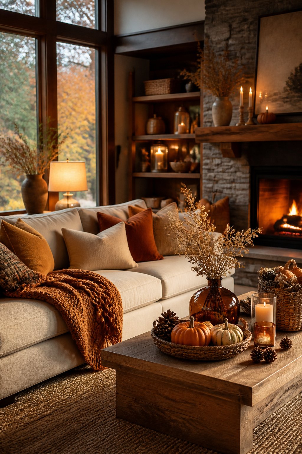 Cozy living room with autumn decor, a beige sofa with orange pillows, a wooden coffee table with pumpkins, and a lit fireplace surrounded by candles and dried flowers.