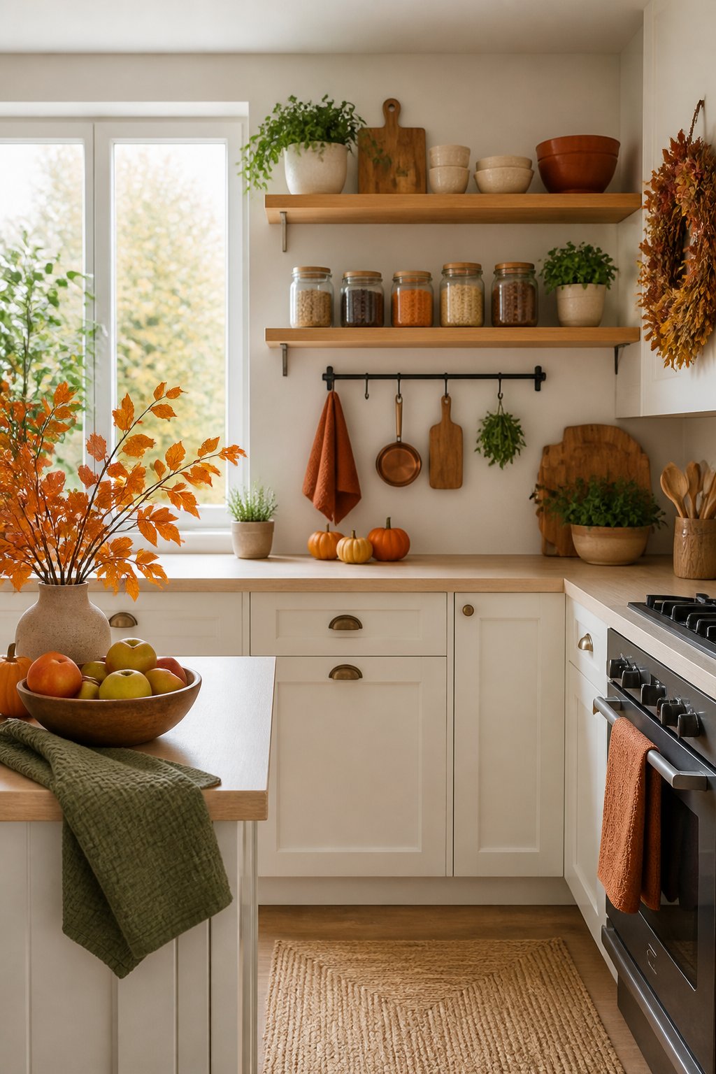 Bright kitchen with white cabinets, wooden shelves holding jars and plants, a bowl of apples, autumn decor, and natural light from a window.