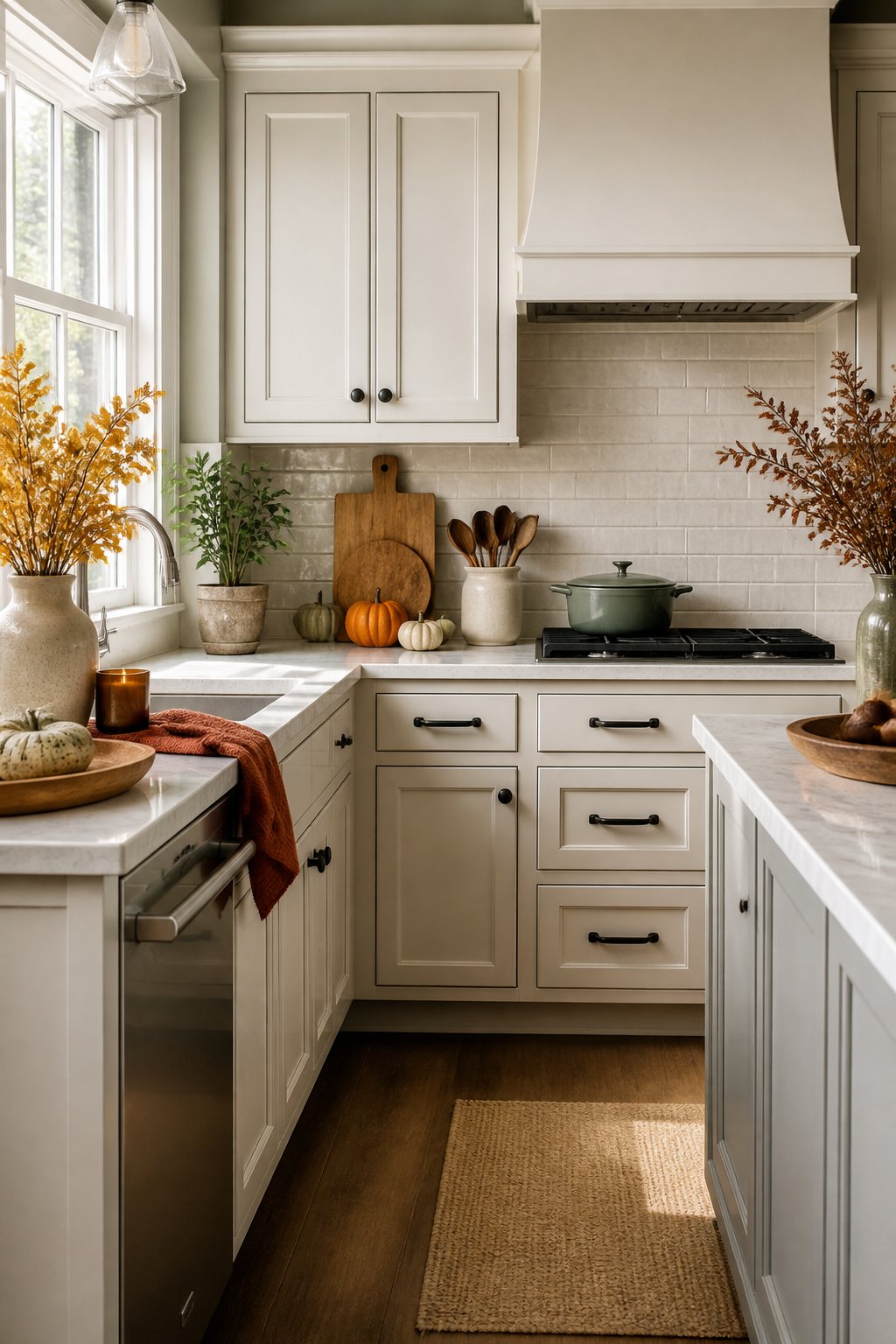 A small kitchen with warm autumn-colored accents, dried foliage, neutral pottery, and pumpkins on the counter.