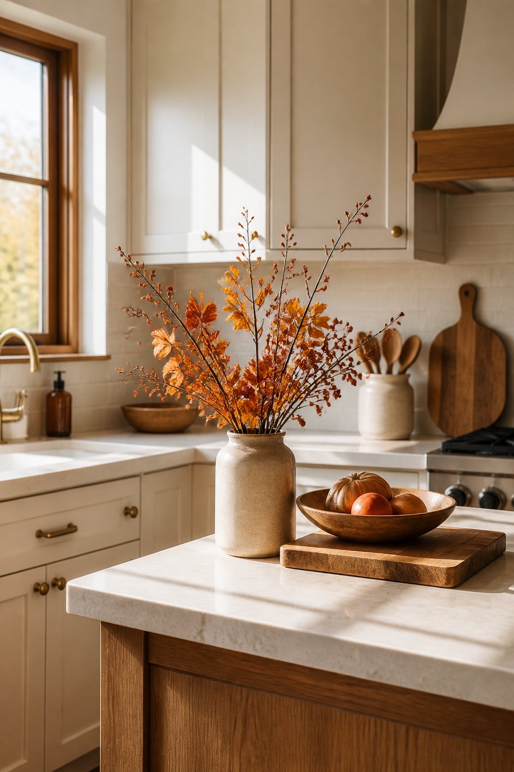 A small, tidy kitchen with clear counters and a vase of autumn branches as the focal point.
