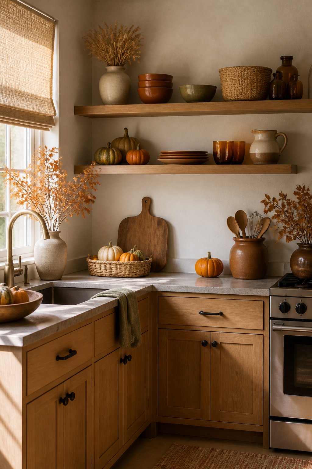 A small kitchen decorated for fall with seasonal accents on its walls, shelves, and cabinets.