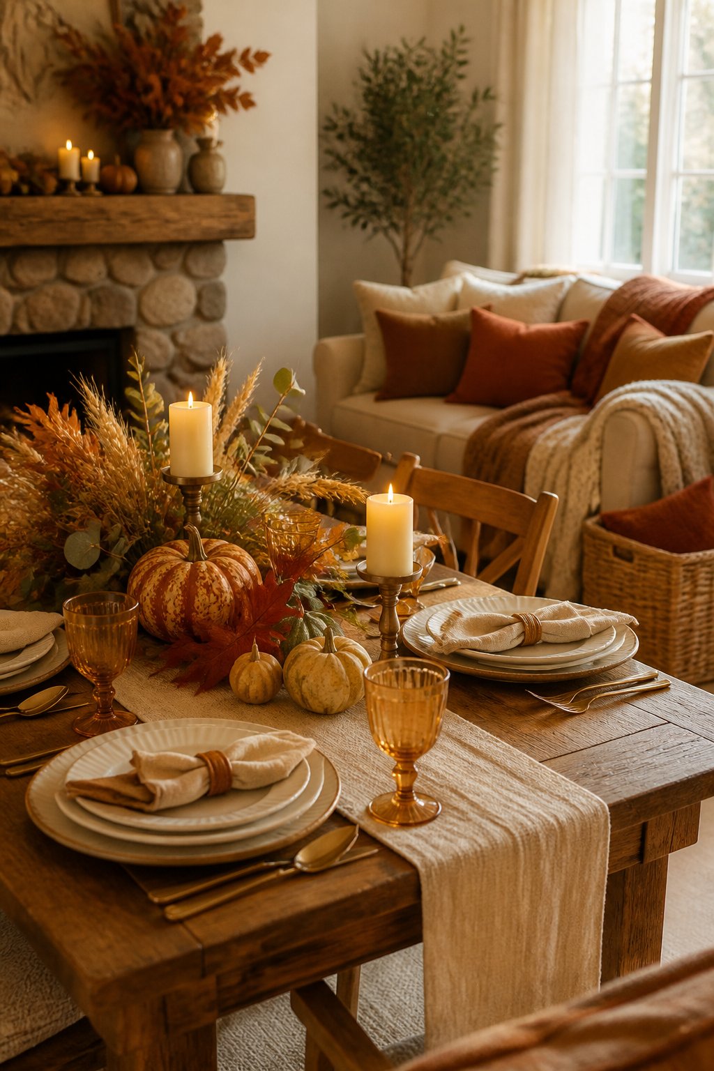 A rustic dining table set for fall with candles, pumpkins, and autumn foliage. Cozy living room with sofa, throw blankets, and stone fireplace in the background. Warm, neutral tones throughout.