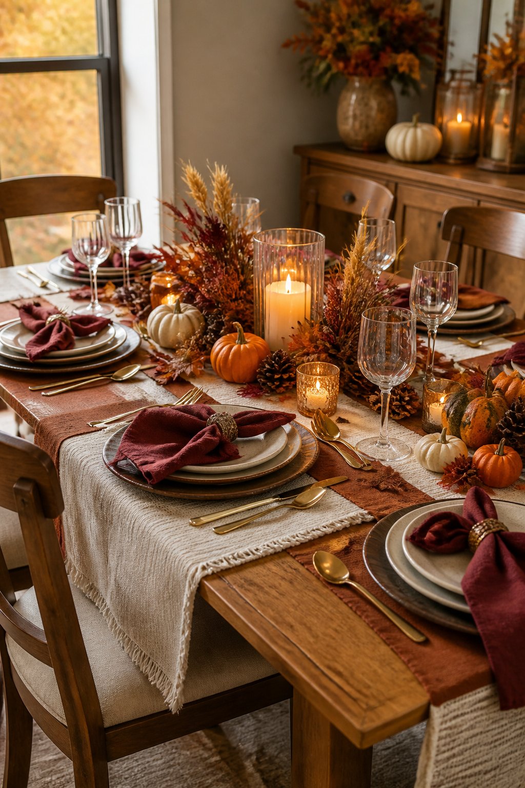 A wooden dining table set for four with autumn-themed decor, including small pumpkins, candles, dried flowers, stacked plates, gold cutlery, and burgundy napkins, near a window.