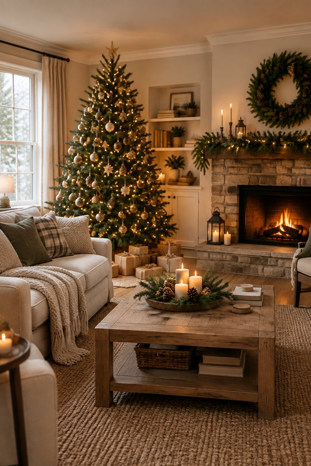 A Christmas tree, comfortable sofa, coffee table, and fireplace in a cozy living room.