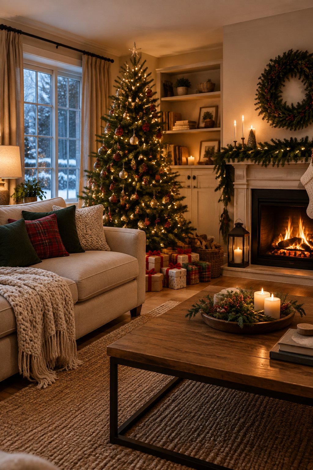 A comfortable living room with a decorated Christmas tree, wrapped gifts, and a cozy sofa.