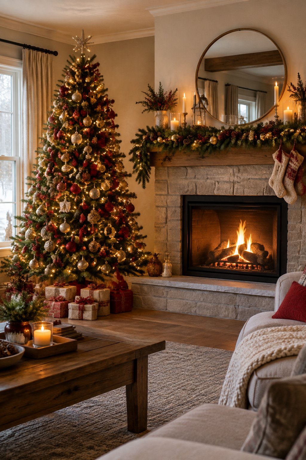 A decorated Christmas tree stands beside a fireplace with a garland-covered mantel.