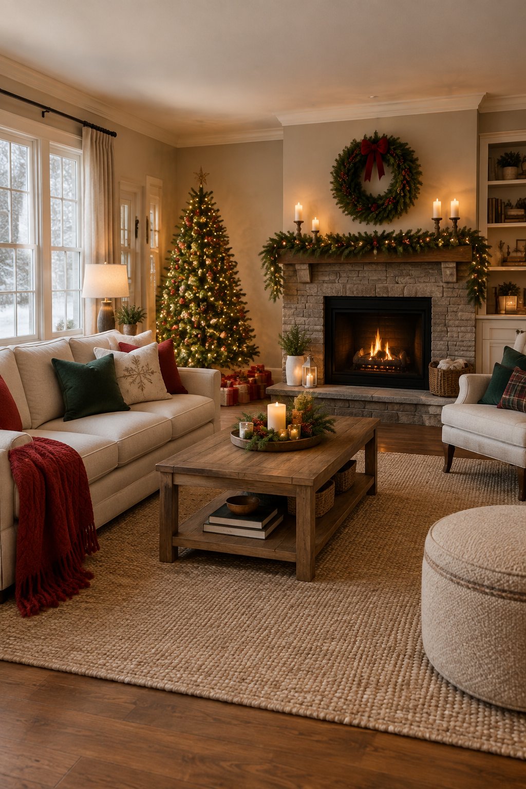 A cozy living room decorated for Christmas with a tree, garland, candles, and wrapped gifts.