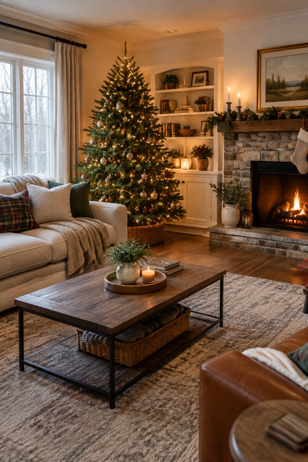 A cozy living room with a decorated Christmas tree, a comfortable sofa, and warm lighting.